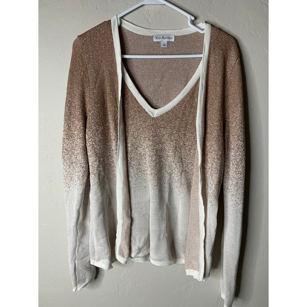 Kim Rogers Metallic Long Sleeve Sweater Women's Size Large White Pink Brown